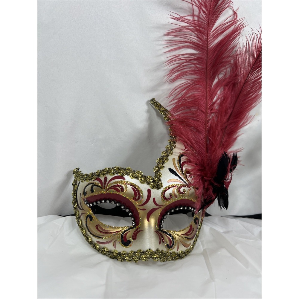 La Maschera Del‎ Galeone Masquerade Mask Venice Italy maroon gold Feathers Pier